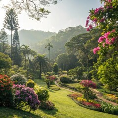 Dans un jardin suspendu luxuriant, chaque plante et fleur brille d'une lumière intérieure. Au milieu, une personne médite sur un coussin de lotus, entourée 