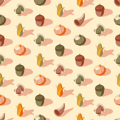 Isometric Autumn Harvest abundance seamless Pattern