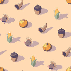Colored isometric thanksgiving seamless pattern of harvest season icons