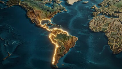 Intricate maze pattern glowing on South America and Africa continents, symbolizing complex connections and global challenges. - Powered by Adobe