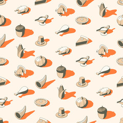 Duotone Isometric Thanksgiving seamless pattern with orange shadow