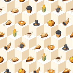 Colored thanksgiving isometric seamless pattern with geometric shapes background