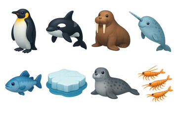 Naklejka premium Polar Seas Icons. Polar seas icons in 3D color style: emperor penguin, orca, walrus, narwhal, Arctic cod, ice floe, leopard seal, krill swarm.