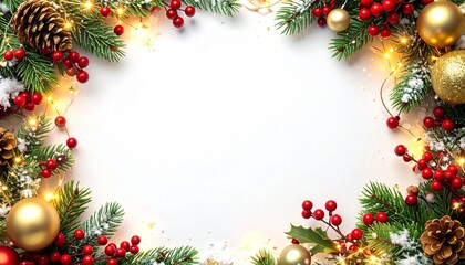 Festive Christmas frame decoration of fir tree branches with balls and cones for a holiday card design