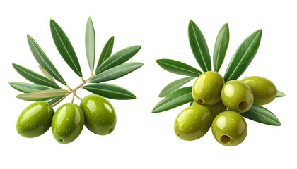 Pair of Green Olives with Different Leaf Arrangements, isolated on transparent background