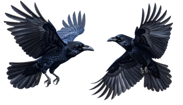  Two Black Ravens in Flight with Different Wing Spans, isolated on transparent background - Powered by Adobe