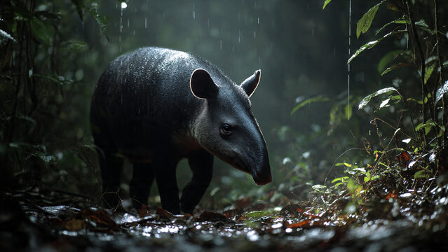 Close-up portrait of a tapir in dense forest, showing skin texture and snout detail in natural light.