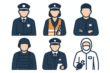 A vector illustration depicting six different professions: police officer, traffic warden, mechanic, soldier, security guard, and hazardous materials worker.