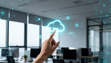 Obraz premium Hand interacting with cloud technology interface