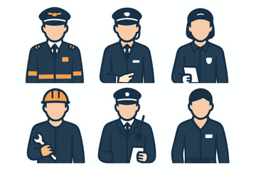 Six faceless figures representing different professions including pilot, security guard, worker, and more, all depicted in a simple, flat vector style.