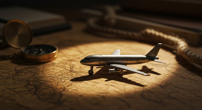 A dramatically lit miniature silver airplane model on an antique world map, flanked by a vintage compass and an old book, inspiring dreams of travel, adventure, and global exploration