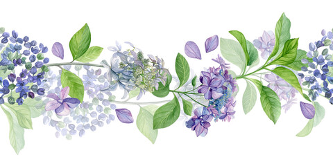 Seamless border with purple and blue hydrangeas. Watercolor summer flowers and petals isolated on a white background. Good for wallpaper, fabric and greeting cards.