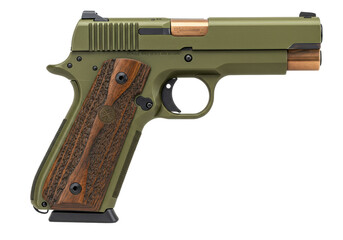 Isolated 1911 pistol firearm, modern olive-green finish, wooden handle for reliable self-defense