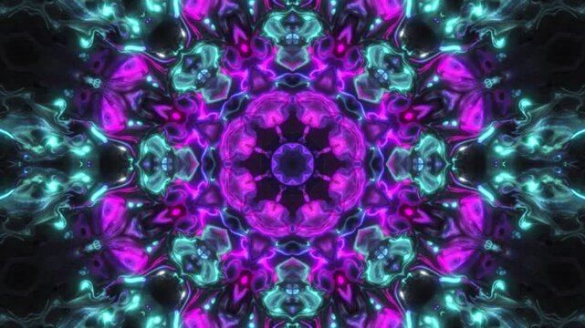 Vibrant abstract kaleidoscope animation with glowing purple and pink fractal patterns. Hypnotic symmetry design perfect for music visuals, meditation videos, or futuristic backgrounds.