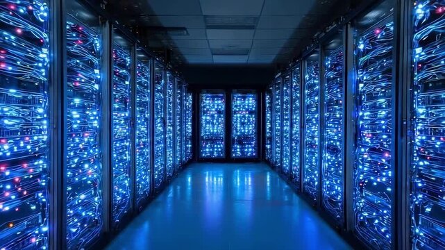 A data center with rows of illuminated blue server racks in a long corridor.
