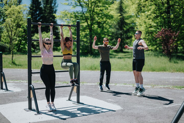 A group of four individuals exercising outdoors at a park, enjoying physical fitness activities together.