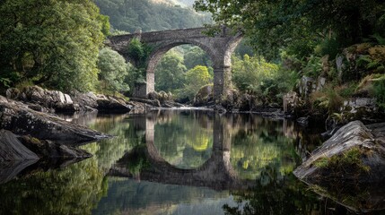 Fototapeta premium Serene Landscape Featuring Historic Stone Bridge Reflected in Calm Waters Surrounded by Lush Greenery and Rocky Outcrops in Tranquil Natural Setting
