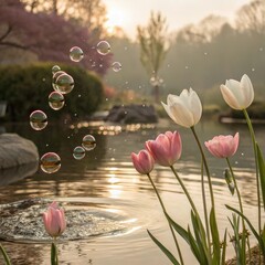 Tulips ethereal drifting with bubbles in a pond earth tones