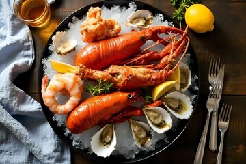 Fresh seafood platter with lobster, shrimp, oysters, and lemon on ice