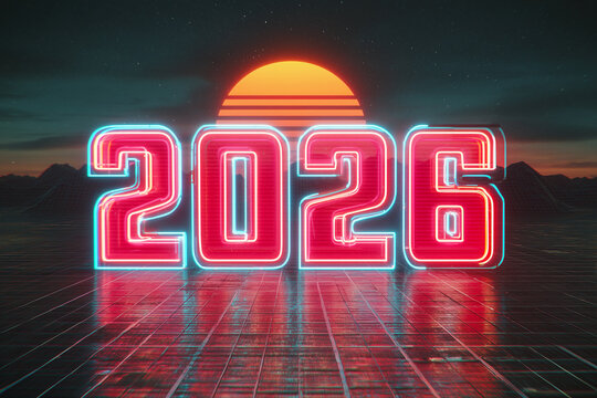 Retro 80s style illustration of "2026" glowing in pink and blue neon, grid floor, synthwave sky, nostalgic futuristic vibe

