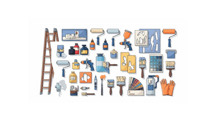 Illustration showing various painting tools including brushes rollers and paint cans on a white background