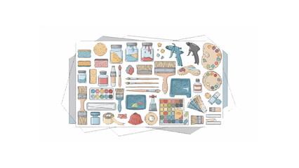 Layered collage of assorted home goods and crafting items creating an abstract layout ready for.