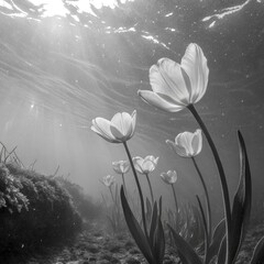 Tulips ethereal underwater in a pond monochromatic
