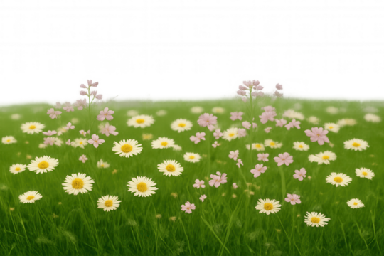 Green spring meadow with white daisies and pink wildflowers on transparent background, conveying growth and nature elements
