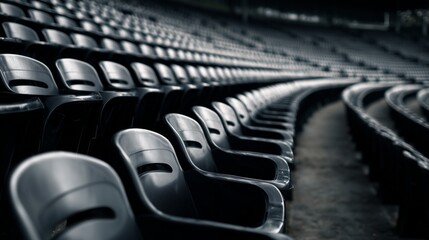 symmetric rows of black plastic stadium chairs close up view