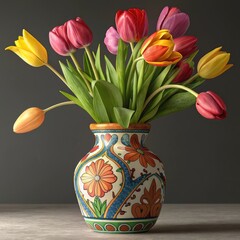 vibrant tulips in a colorful, ceramic, vibrant bold flower vase, solid color background, 3D, 8k, realistic