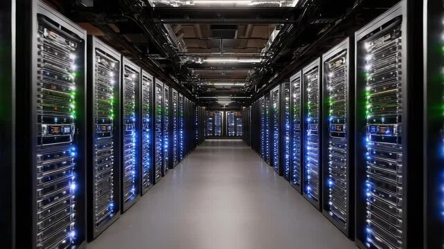 Data center with long rows of server racks along a central aisle, illuminated by blue and green LED lights.