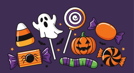 Halloween-themed illustration featuring various candies, a ghost, and a jack-o'-lantern.