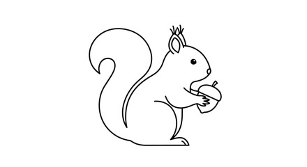 A simple black and white illustration of a squirrel holding an acorn.
