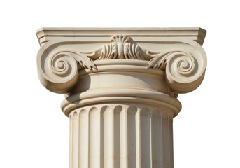 Isolated close-up of a tan Ionic column capital with volutes against a clean backdrop
