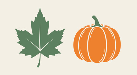 Illustration showing a green maple leaf and an orange pumpkin, both with white outlines, on a beige background.