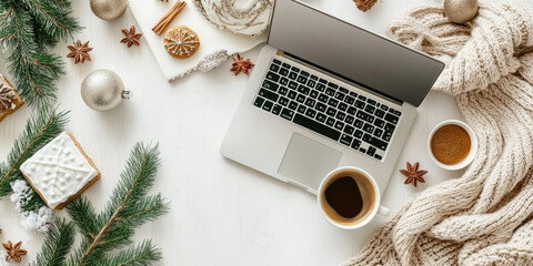Wooden white desk adorned with festive decor, wrapped present, laptop, and steaming coffee mug, representing cozy winter home office workspace