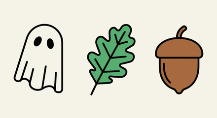 Simple cartoon illustrations of a friendly ghost, a green leaf, and a brown acorn, arranged on a neutral background.