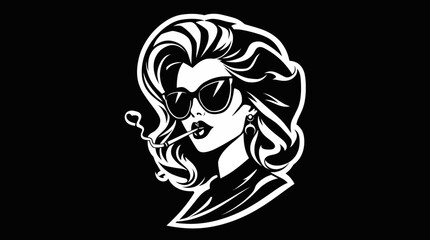 A stylized black and white illustration of a woman smoking, wearing sunglasses.