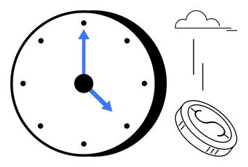 Clock with blue arrows, a falling coin, cloud, and lines implying time, money, and abstract flow. Ideal for time management, savings, efficiency value deadlines business concepts simple flat