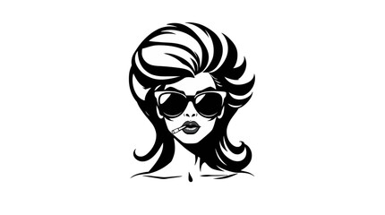 Graphic illustration of a woman with sunglasses smoking a cigarette, stylized hair, in black and white.