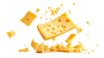 Yellow cheese pieces exploding in mid air isolated on transparent background
