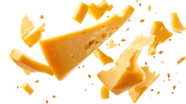 Sharp cheddar cheese chunks flying isolated on transparent background