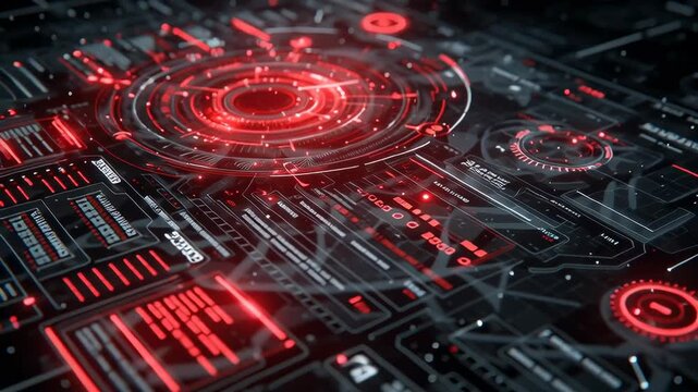 Futuristic Engine Motion graphic red screen searching an object with futuristic head up display (HUD UI) technology interface screen and chat panel abstract background	
