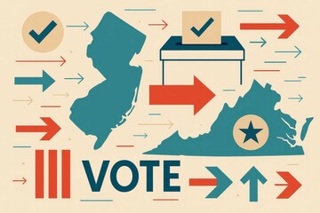 Modern illustration of voting process with checkmarks, ballot box, and maps of New Jersey and Virginia.