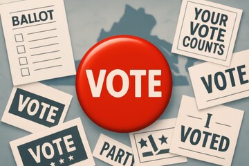 Close-up of red Vote button surrounded by election related materials like ballots, stickers and voting reminders, blurred map of Virginia in the background.