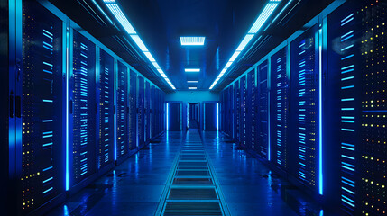 Fototapeta premium Futuristic Server Room with Blue Lighting and High Tech Data Storage Banks for Cloud Computing