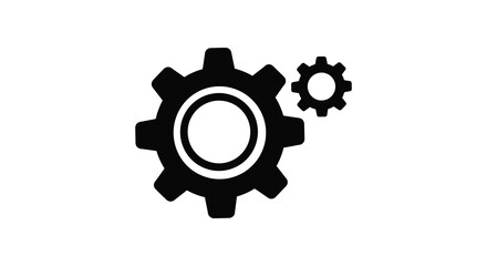 Two black gear icons representing industry and mechanical engineering isolated on a silhouette