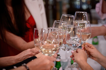 Group of people toasting with wine glasses during celebration or party