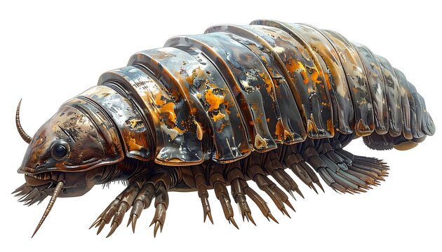 Metallic, segmented arthropod with multiple legs and antennae, isolated
