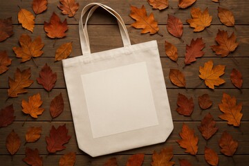 Autumn leaves surrounding blank canvas tote bag on rustic wooden background, ideal for customization or seasonal design.
